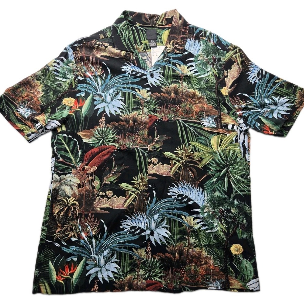 H&M Hawaiian Shirt Mens Medium Black Tropical Floral Short Sleeve Button Up NWT